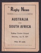 Rugby Union programme, Australia v South Africa 17 Jul 1971, Test Match played at Sydney Cricket