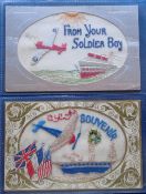Postcards, Silks, 2 WW2 embroidered silk cards, inc. 'From Your Soldier Boy' a patriotic card