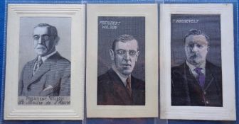 Postcards, Silks, 3 woven silk cards of American Presidents. Includes President Wilson b/w