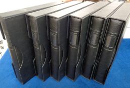 Accessories, 6 Lindner albums with slip-cases and roughly 35 hingeless leaves in each album, used,