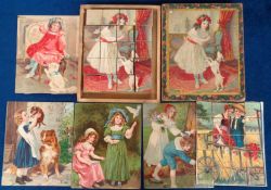 Collectable, a Victorian 6-sided wooden block jigsaw in original box, each side displaying