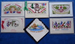 Postcards, Silks, 5 embroidered silk Christmas greetings cards, with 2 folding cards (1 showing a