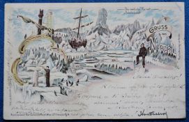 Postcard, Polar Exploration, rare Gruss Nordpol, chromo, posted Vodolka, by Karl Schwidernoch of