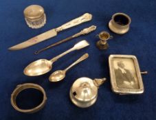 Silver, a collection of hallmarked silver to comprise mustard pot with liner, salt with liner,