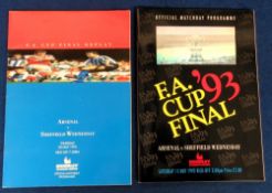 Football programmes, FAC Final 1993, Arsenal v Sheffield Weds 15 May 1993 together with replay 20