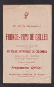 Rugby Union programme, France v Wales 23 Mar 1957, 4 page programme from the game played at Stad