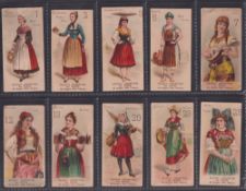 Cigarette cards, USA, H. Ellis & Co, Costumes of Women, ten cards, nos 1, 2, 3, 5, 7, 12, 13, 20, 23