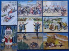 Postcards, 8 mainly comic cards illustrated by Arthur Thiele, inc. anthropomorphic cats sledging