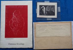 Collectables, Eric Gill, 2 wood engravings (1 Christmas card and 1 miniature) and a postcard with