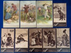 Trade cards, USA, nine cards, three, early 'XL' size shoe advertising cards, Golf, Hunting &