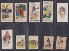 Trade cards, Barratt's, ten type cards, Picture Hats (Red back, 2), Flowers (1), Rhymes (2),