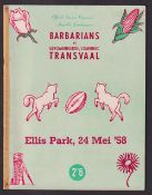 Rugby Union programme, Combined Transvaal v British Barbarians 24 May 1958 played at Ellis Park (