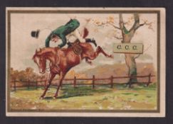 Cigarette card, Cope's, Comic Hunting Series, 'X' size, type card, Rider being thrown from horse ('