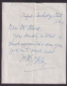 Cricket autograph, C.B. Fry, Cricketer, Diplomat & Politician, undated handwritten letter sent in