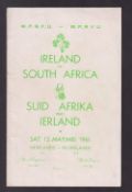 Rugby Union programme, South Africa v Ireland 13 May 1961, 4 page programme from Irelands first ever
