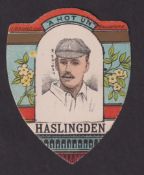 Trade card, Baines, Cricket, Haslingden, shield shaped card with W. Wright inset (vg) (1)
