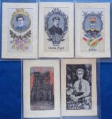 Postcards, Silks, a woven silk selection of 5 cards inc. b/w card of Edith Cavell (WW1 nurse),