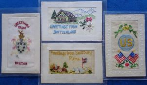 Postcards, Silks, 4 embroidered silk cards featuring place names, inc. 'Greetings from Salisbury