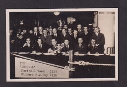 Football, b/w photographic card showing Arsenal Football Team 1929 in civilian clothing with
