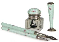 Damen Schreibset um 1890/1900, SILBER 835/000, transluziedes Email in zartem türkisblau, ...