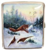 Zigarettenetui, ALPACCA, farbig emailliert, Winterlandschaft mit einem lauerndem Fuchs und 2 ...
