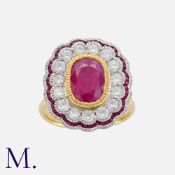 A 3.40 Carat Burma No Heat Ruby And Diamond Ring in 18k yellow gold, set with a principal ruby of