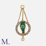An Antique Enamel, Emerald, Diamond And Pearl Pendant in yellow gold. The pendant featuring a