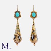 A Pair Of Unusual Victorian Earrings in 18k yellow gold, each ccompeisfing a foliate scrolling top