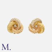 A Pair Of Tricolour Earrings in 18k yellow gold, comprising three interlocking reeded loops, in
