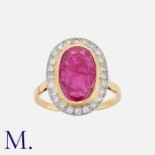 A 3.08 Carat Burma No Heat Ruby And Diamond Ring in yellow gold, set with a principal oval cut