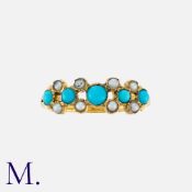 A Turquoise And Pearl Ring in yellow gold, set with a row of five cabochon turquoise, punctuated