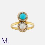 A Turquoise, Pearl And Diamond Ring in yellow gold, comprising a cabochon turquoise and rose cut