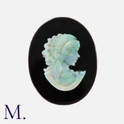 A Carved Opal Cameo, comprising a carved opal depicting the profile of a woman, set to an onyx back.