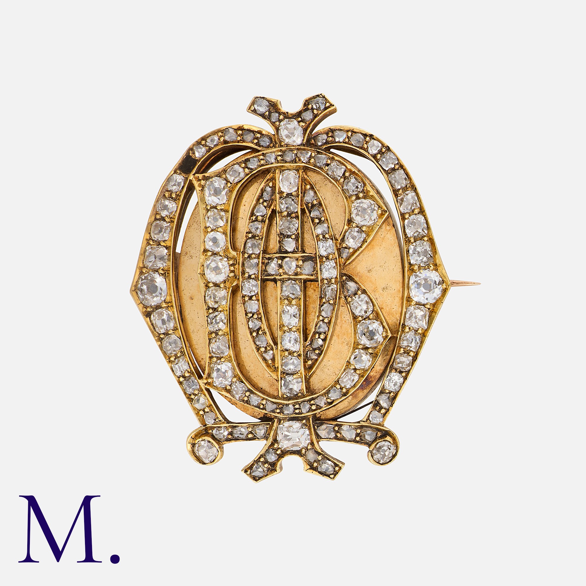 An Antique Diamond Locket Brooch with a diamond-set monogram to the front with a miniature locket