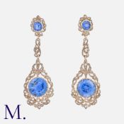 A Pair Of Antique Sapphire And Diamond Earrings in yellow gold and silver, of ornate scrolling and