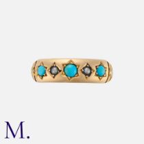 An Antique Turquoise and Pearl Gypsy Ring set three turquoise cabochons and two seed pearls in