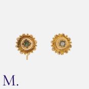 A Pair of Gem-Set Earrings in yellow gold, set with gemstones. Unmarked; tests indicate 9ct gold.