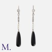 A Pair of Onyx, Diamond and Pearl Drop Earrings in platinum, each designed as a graduated row of