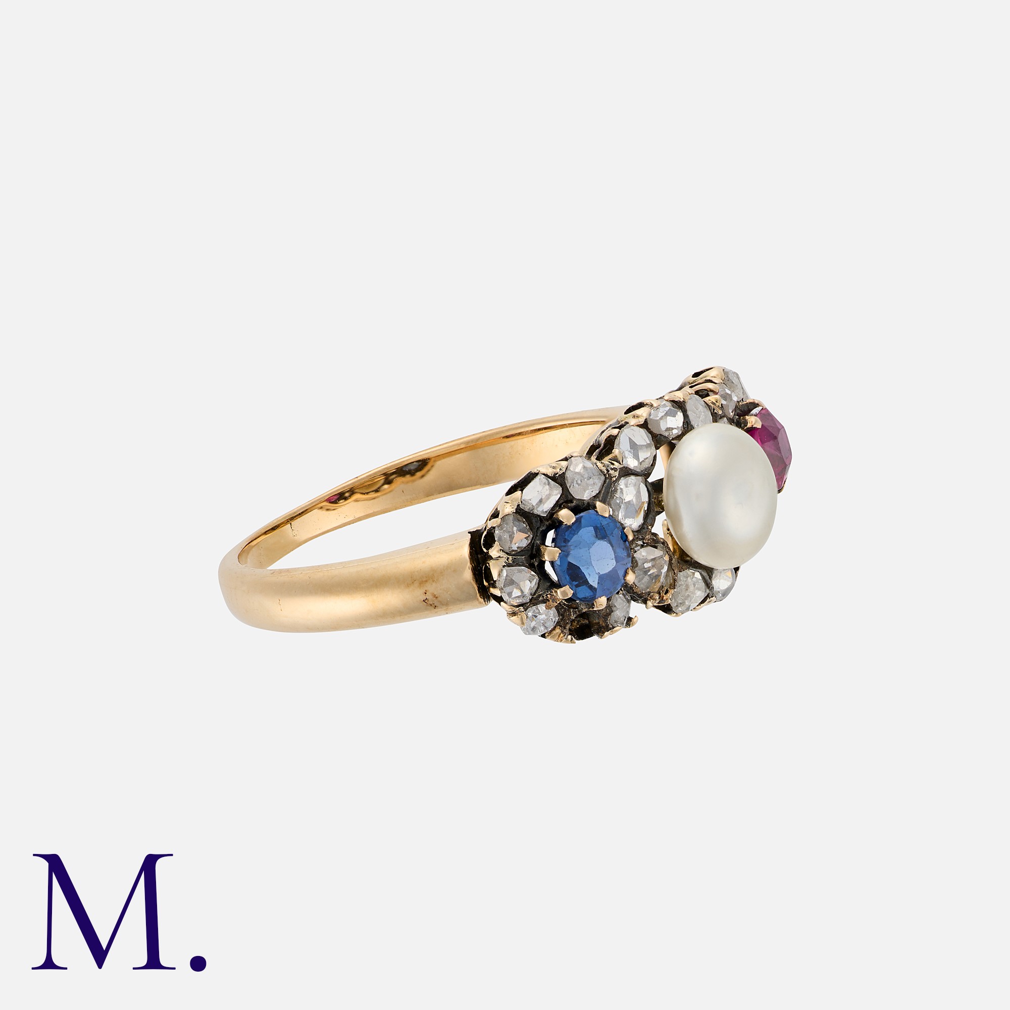 A Victorian Ruby, Pearl, Sapphire And Diamond Ring in yellow gold, set with a round cut ruby, a - Image 2 of 2
