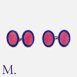 DEAKIN & FRANCIS, A Pair Of Enamel Cufflinks, in silver, the oval faces decorated with blue and pink