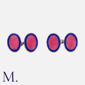 DEAKIN & FRANCIS, A Pair Of Enamel Cufflinks, in silver, the oval faces decorated with blue and pink