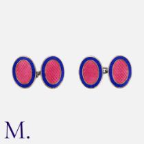 DEAKIN & FRANCIS, A Pair Of Enamel Cufflinks, in silver, the oval faces decorated with blue and pink