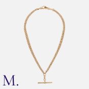 An Antique Albert Chain in 9K yellow gold with T-bar pendant and dog-clip fastenings. Stamped '9'