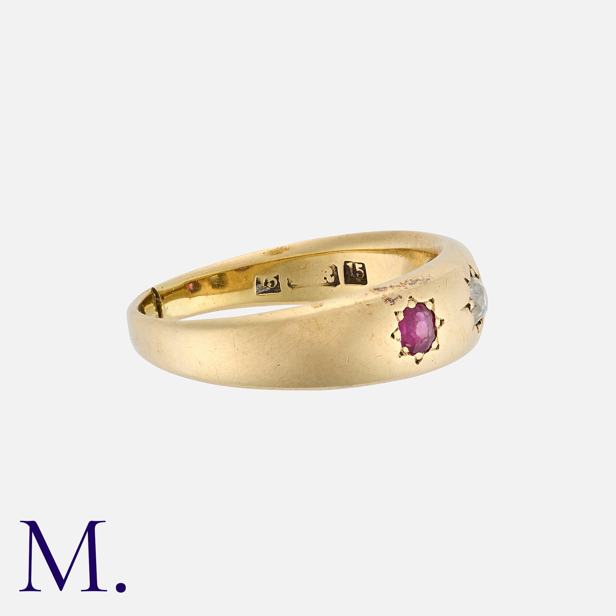 A Ruby and Diamond Gypsy Ring in 15K yellow gold, set with an old cut diamond to the centre with - Image 2 of 2