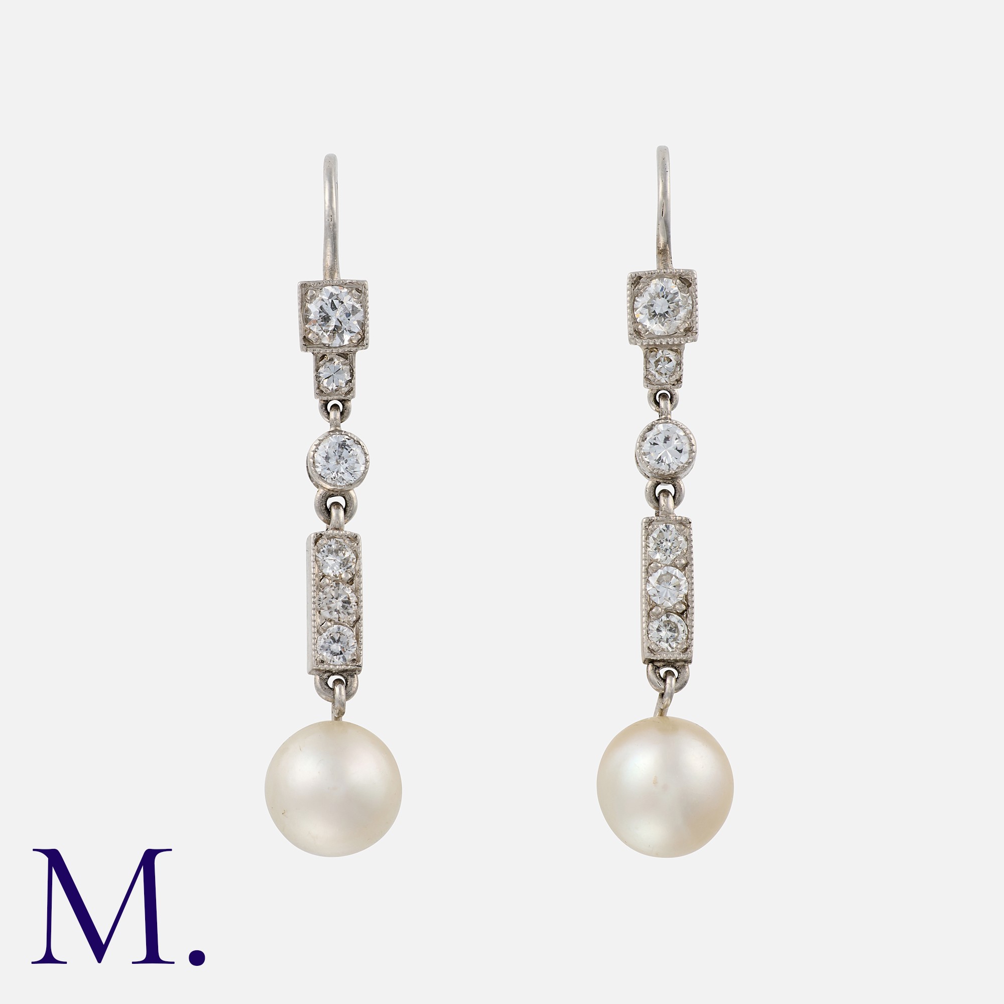 A Pair of Diamond and Pearl Drop Earrings, each designed as a series of articulated links, set