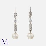 A Pair of Diamond and Pearl Drop Earrings, each designed as a series of articulated links, set