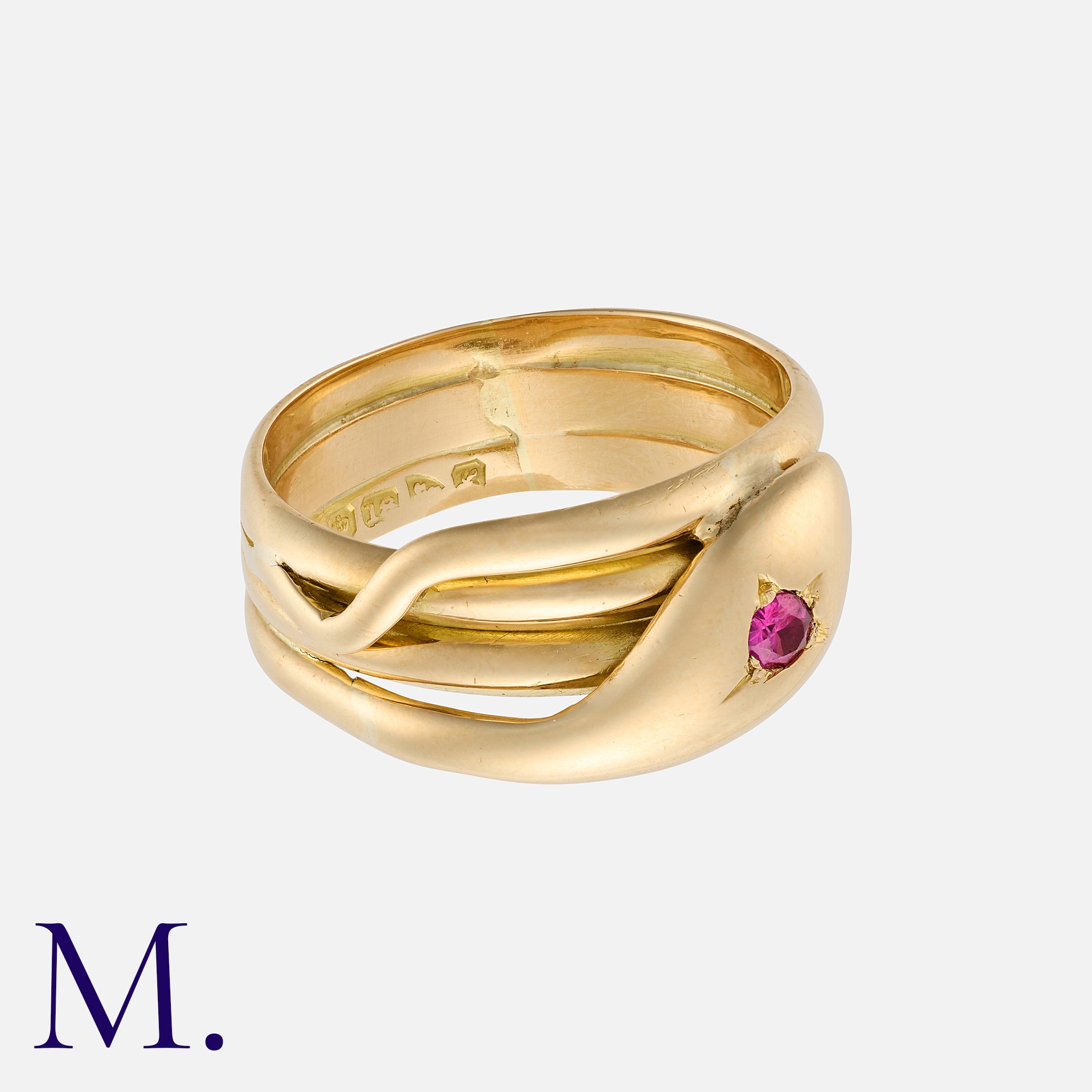 A Victorian Snake Ring in 18k yellow gold, designed as a coiled snake, set with a round cut ruby - Image 2 of 2