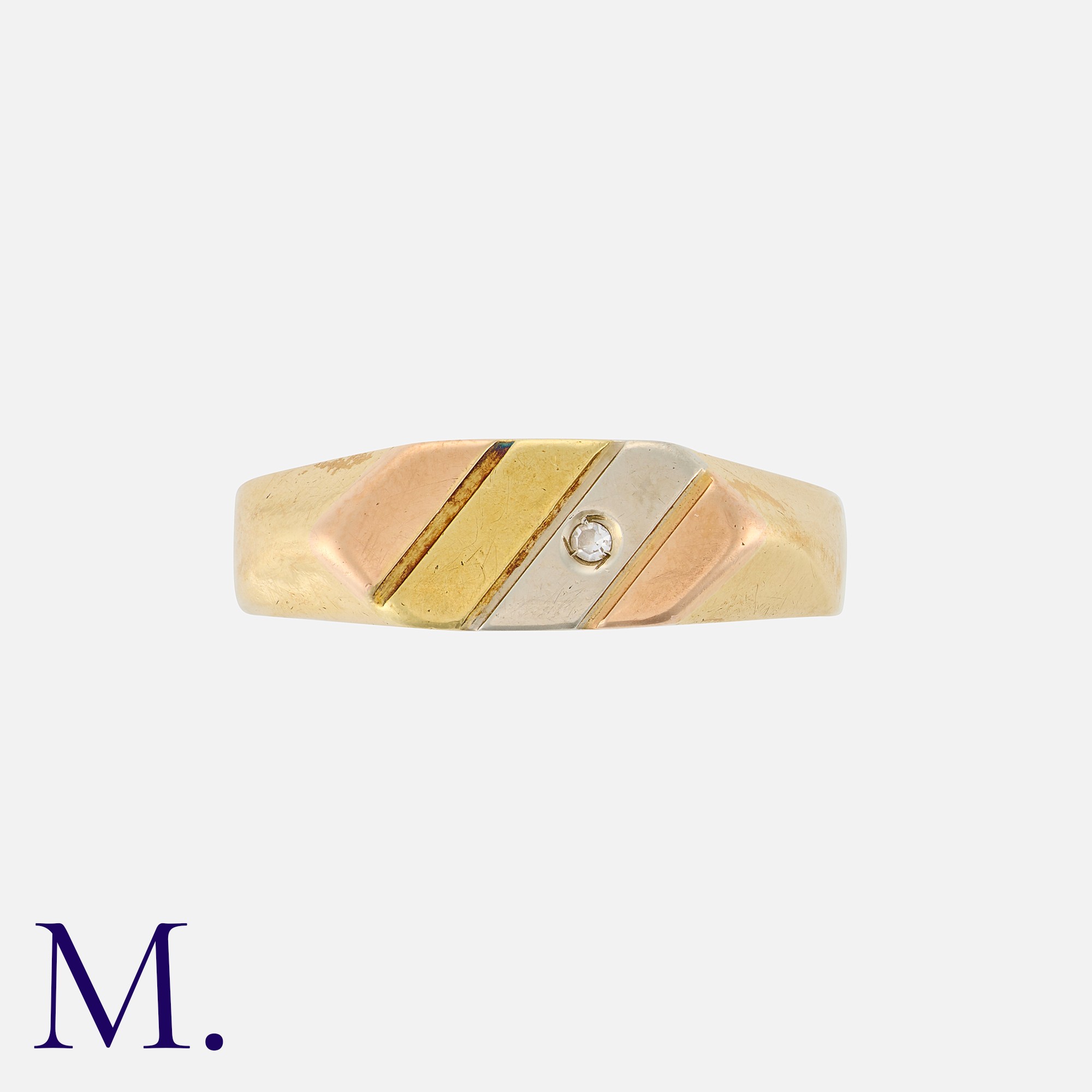 A Tricolour Gold And Diamond Ring in 18k rose, white and yellow gold, of striped design, set with - Image 2 of 2