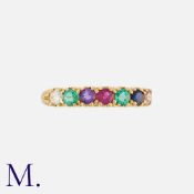A 'DEAREST' Acrostic Ring in yellow gold set with diamond, emerald, amethyst, ruby, emerald,