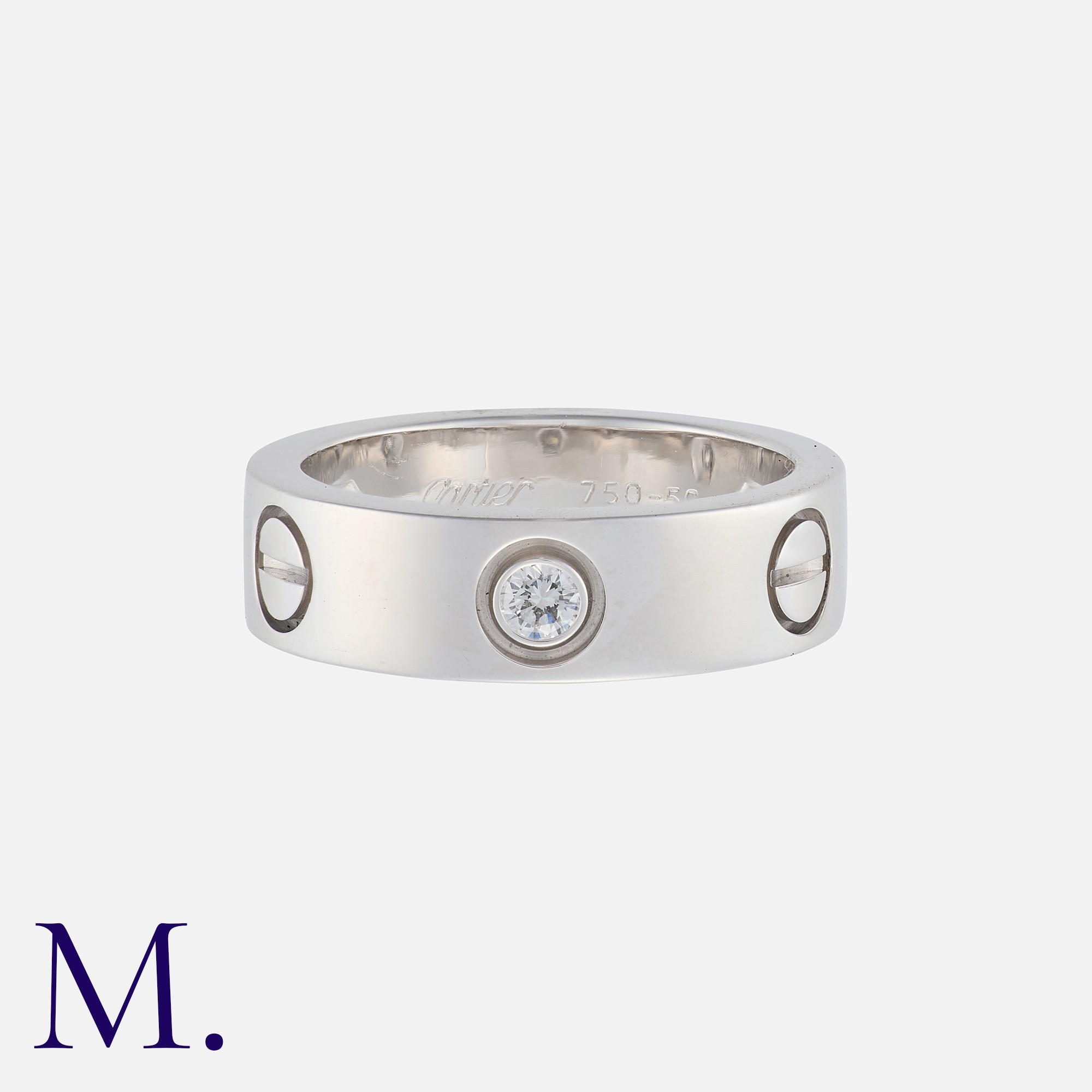 CARTIER. A Classic 3-Diamond Love Ring in 18K white gold set with three diamonds. Signed and